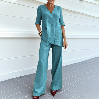 Cardydony Women's Solid Color V-neck Linen Blend Two Piece Set