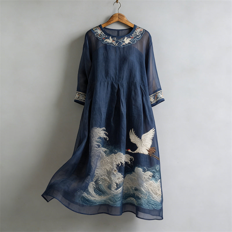 Cardydony Cranes Sea Waves Japanese Art Flowy Linen Maxi Dress