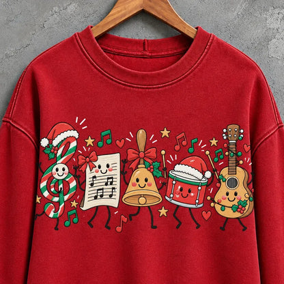 Cardydony Women's Playful Christmas Music Characters Graphic Relaxed Fit Red Crewneck Sweatshirt