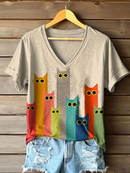Cardydony Women's Colorful Cats Art Print T-shirt