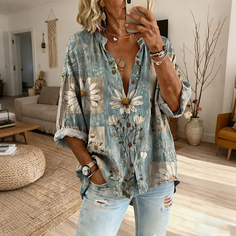 Cardydony Women's Retro Daisy Print Casual Shirt