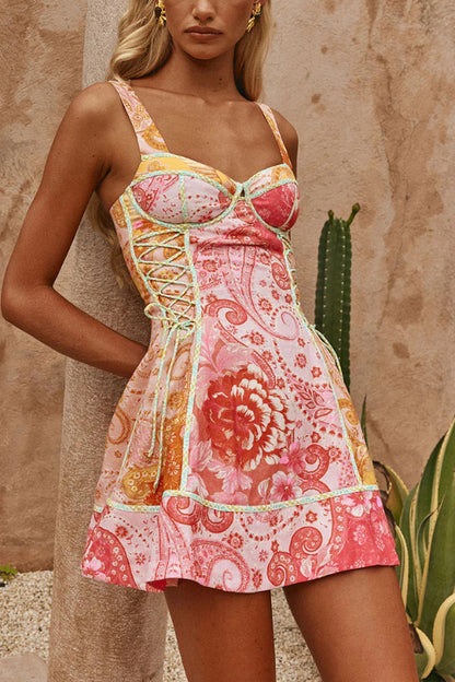 Cardydony Women's Sweet Floral Print Square Neck Suspender Slim-fit Mini Dress