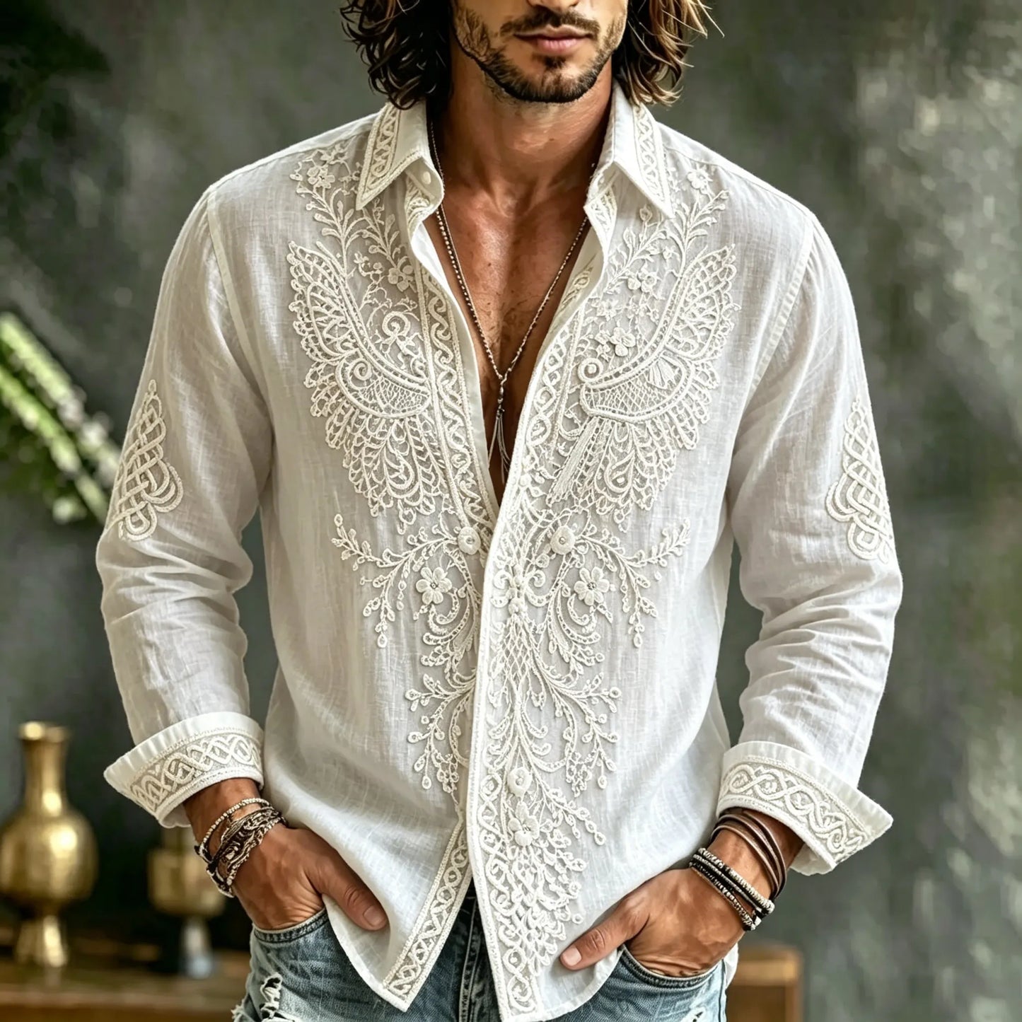 Cardydony Men's Spring Summer Viking Tribal Jacquard Wings And Floral Inspired Art Flowy Linen Blend Shirt