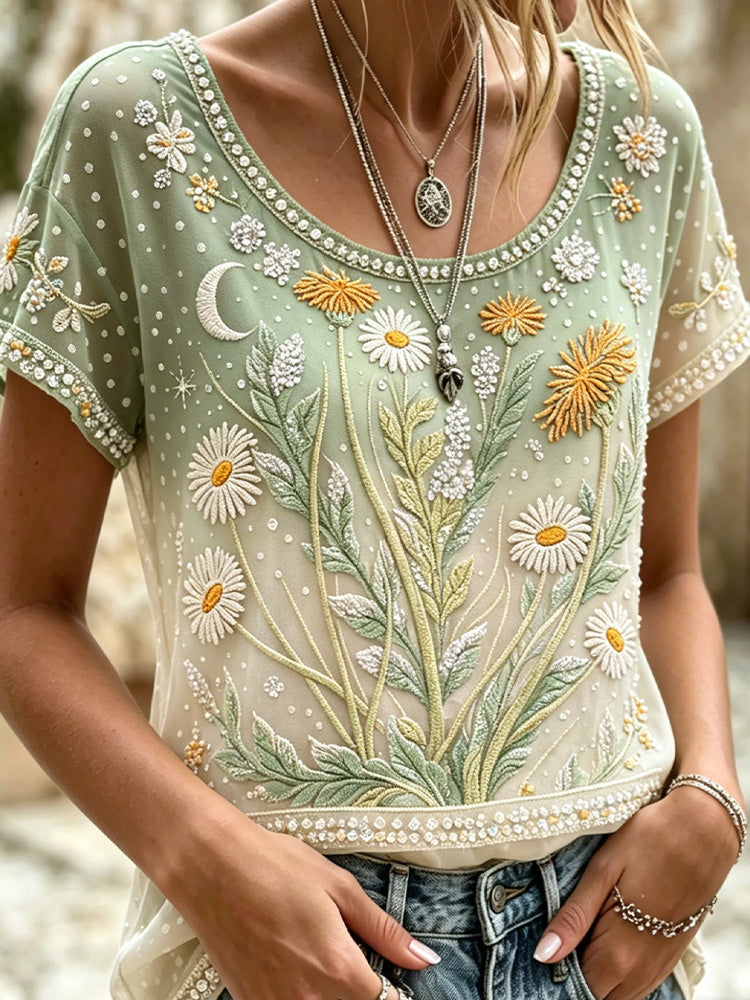 Cardydony Bohemian Daisy Moon Embroidered Ombre Sage Green Short Sleeve Top