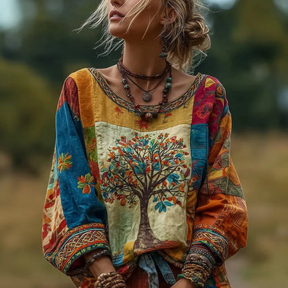Cardydony Women's Vintage Tree Of Life Patchwork Print Linen Blend Top