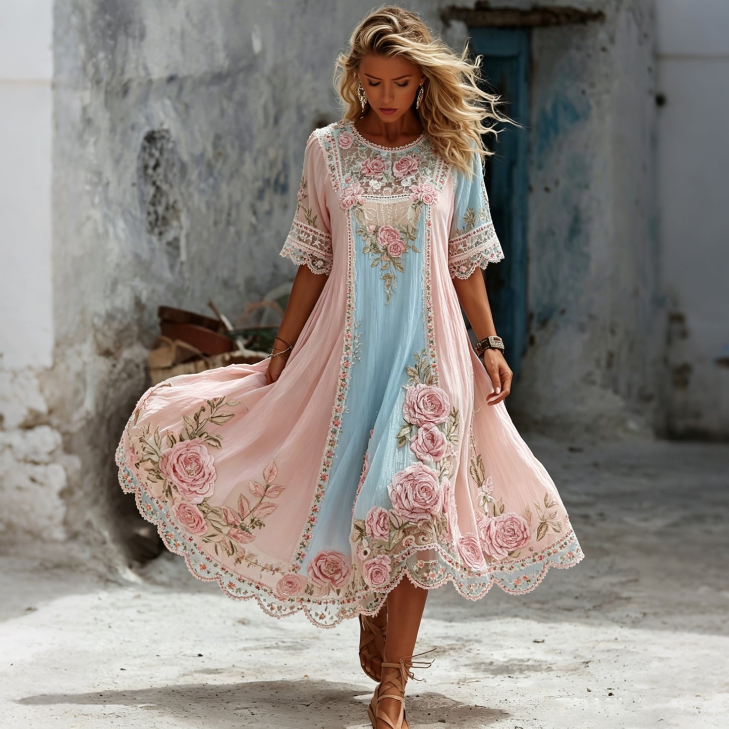 Cardydony Women's Vintage Floral Patchwork Print Art Flowy Linen Blend Maxi Dress