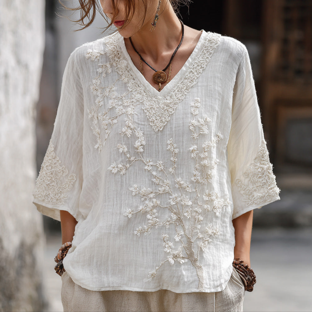 Cardydony Women's White Small Floral And Lace Art V-neck Top