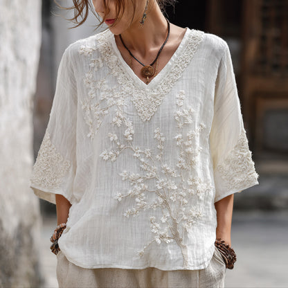 Cardydony Women's White Small Floral And Lace Art V-neck Top
