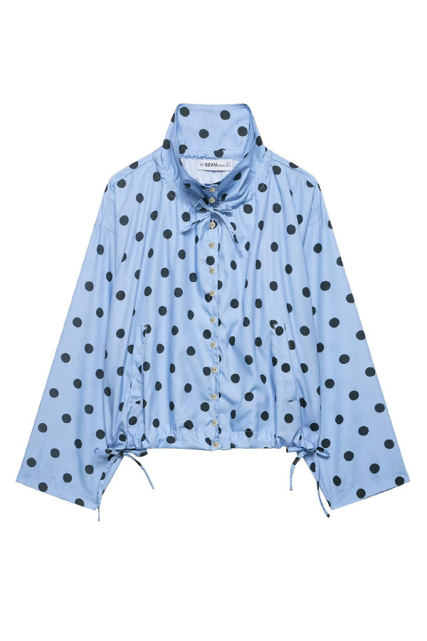Cardydony Women's  Polka Dot Print Loose Stand Collar Button Bow Tie Casual Long-sleeved Jacket