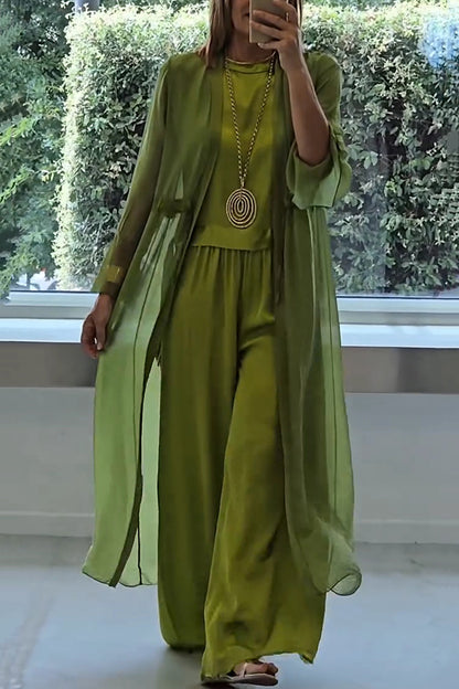 Cardydony Women's Solid Color Long Cardigan + Round Neck Casual Top and Elastic Waist Wide Leg Pants Three-piece Set