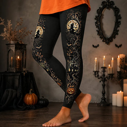 Cardydony Comstylish Women's Halloween Retro Casual Witch Pumpkin Castle Print Pants