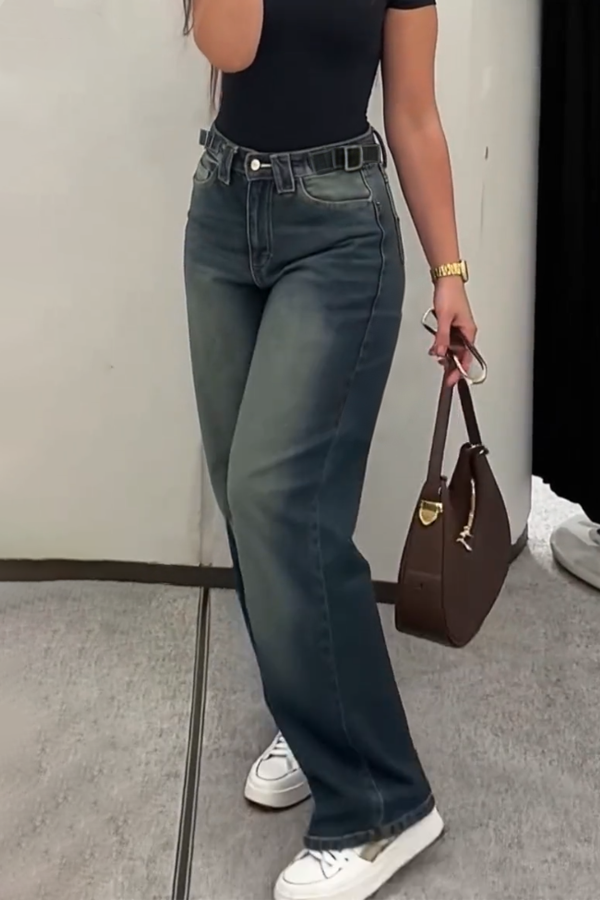 Cardydony Women's  Stylish High-waisted Loose-fitting Pocket Casual Straight-leg Wide-leg Jeans