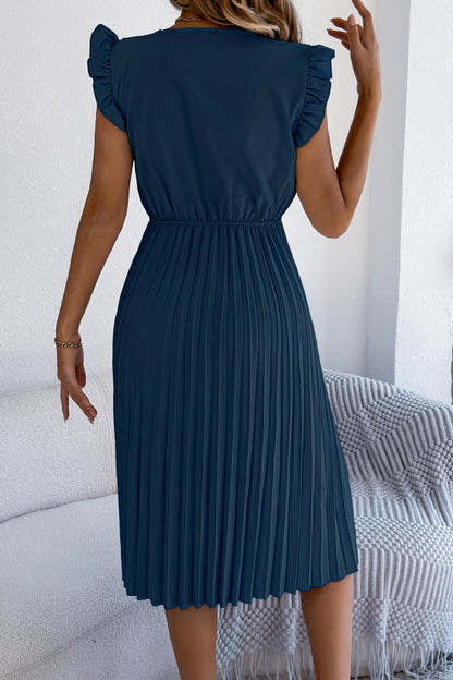Cardydony Women's Solid Color V-neck Lace-trimmed Sleeveless Casual Pleated Midi Dress
