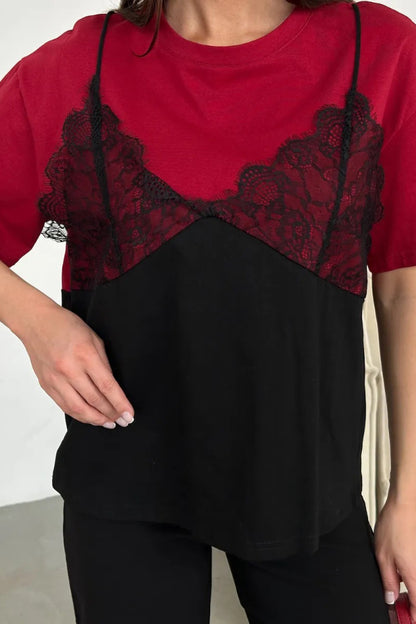 Cardydony Women's Fashionable Lace Patchwork Loose-fitting Round Neck Short-sleeved T-shirt