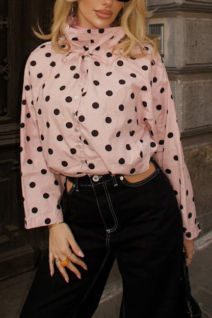 Cardydony Women's  Polka Dot Print Loose Stand Collar Button Bow Tie Casual Long-sleeved Jacket