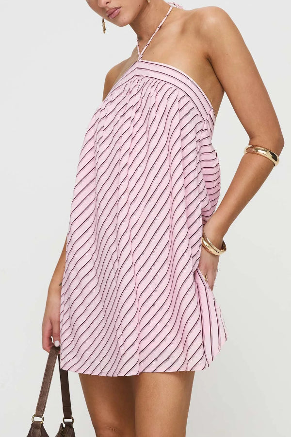 Cardydony Women's Striped Print Sleeveless Halter Neck Loose Vacation Mini Dress