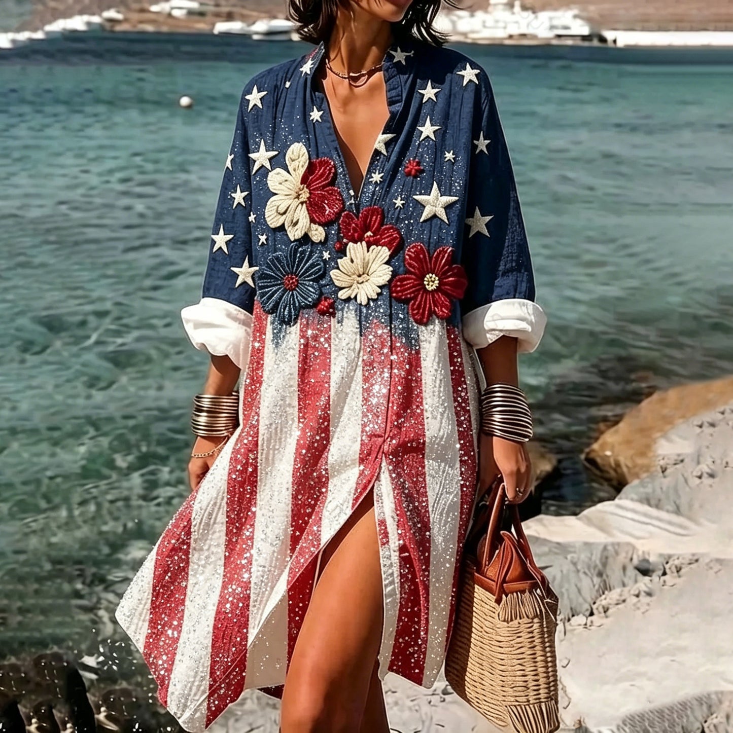 Cardydony Women's Color-blocked American Flag Floral Long-sleeved Cotton Linen Dress