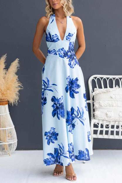Cardydony Women's Floral Print V-neck Backless Tie-up Fitted Waist Elegant Maxi Dress