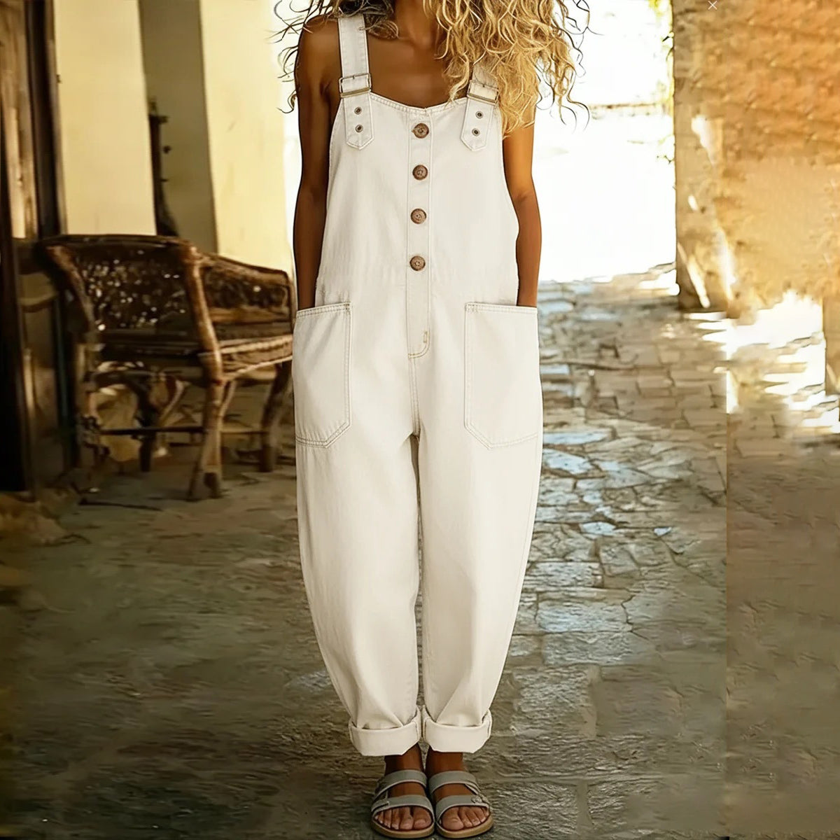 Cardydony Women's Vintage Distressed Washed Jumpsuit