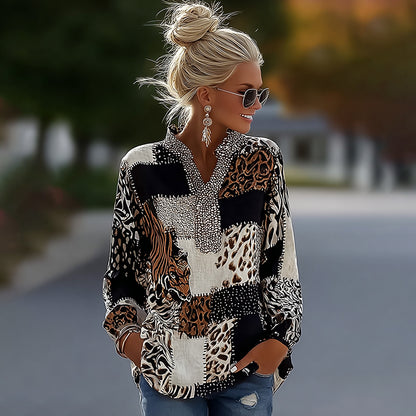 Cardydony Vintage Leopard And Animal Patchwork Art Pattern Linen Blend Loose Tops