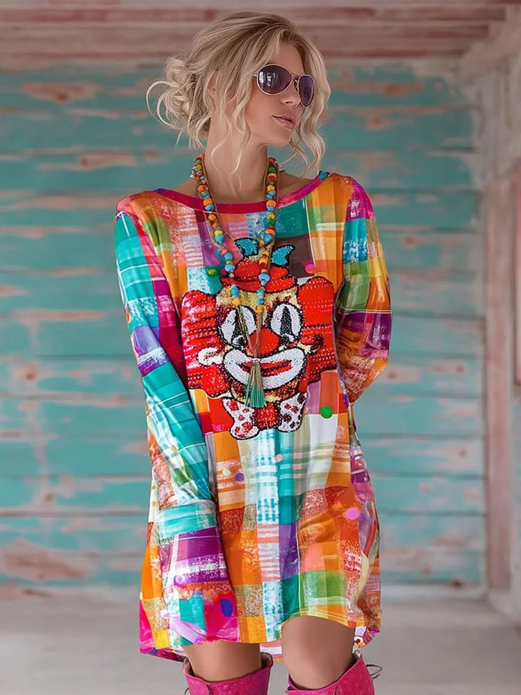 Cardydony Women's Abstract Color Block Plaid Joker Print Mini Dress