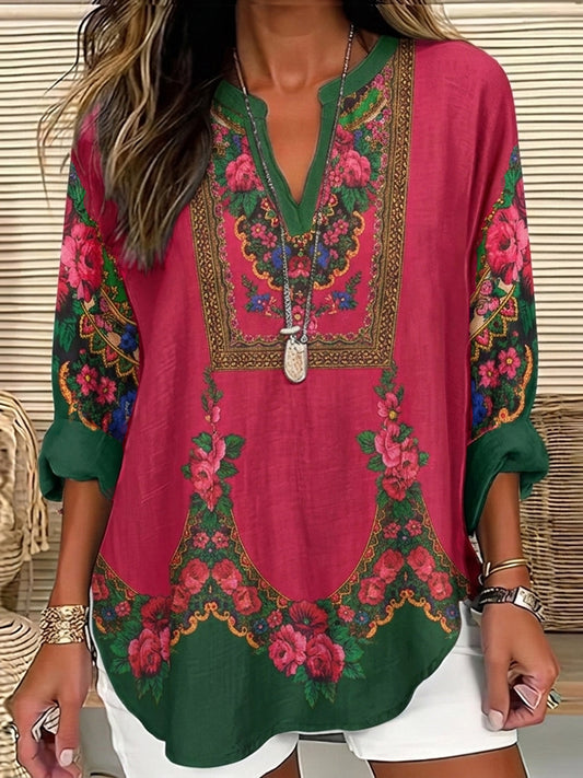 Cardydony Women's Vintage Folk Rose Color-blocked Casual Linen Shirt