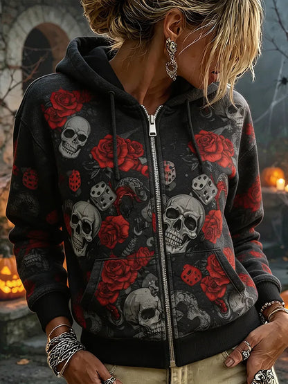 Cardydony Women's Retro Skull Red Rose Dice Snake Print Gothic Halloween Full Zip Hooded Sweatshirt Casual Jacket