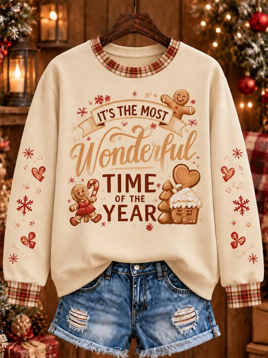 Cardydony Women's Christmas-themed 'it's The Most Wonderful Time Of The Year' Plaid Gingerbread Print Crewneck Sweatshirt