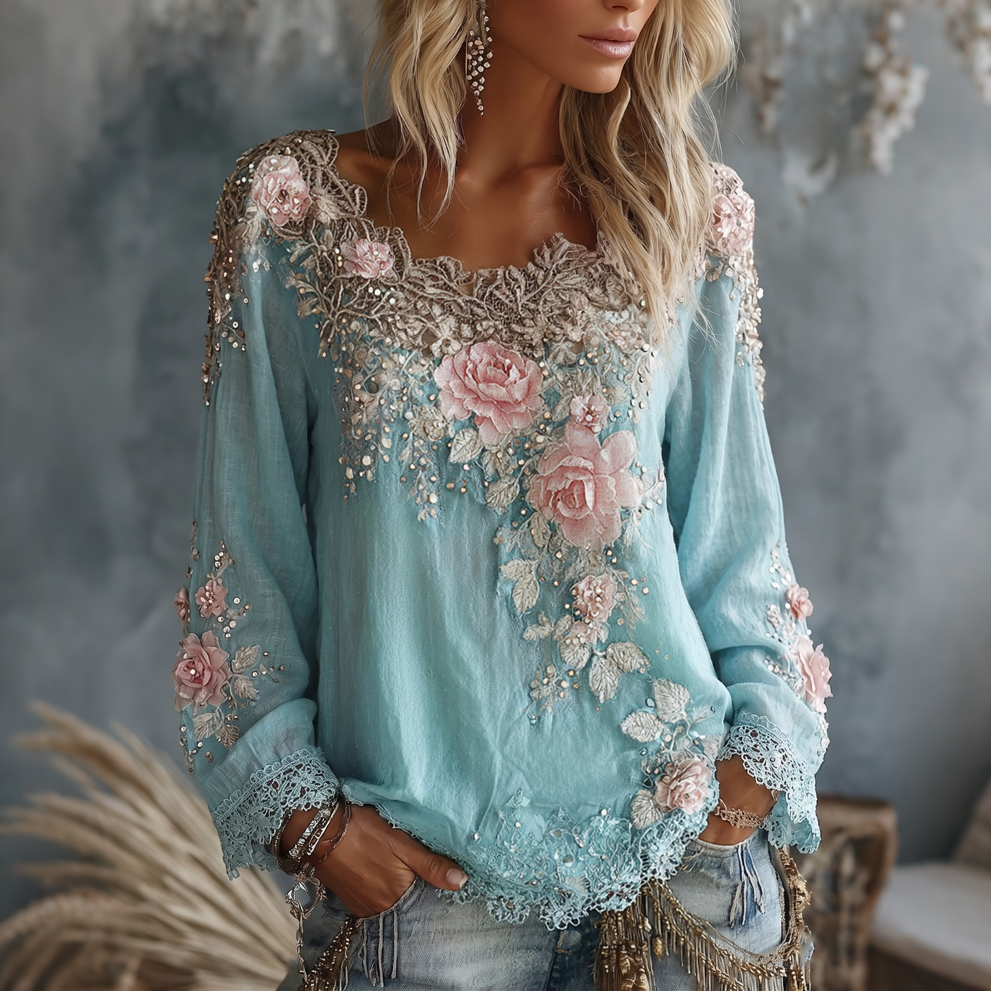 Cardydony Women's Vintage Rose Floral Art Crew Neck Long Sleeve Linen T-shirt