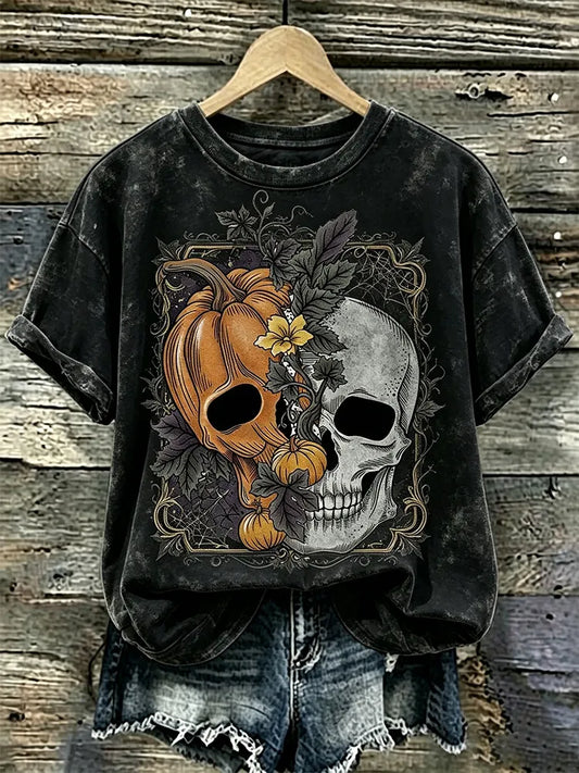 Cardydony Women's Gothic Dark Skull Pumpkin Short-sleeve Top