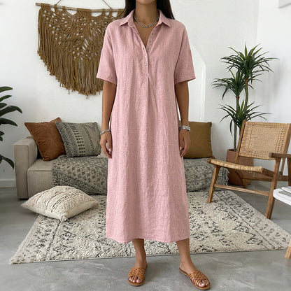 Cardydony Women's Solid Color Lapel Linen Blend Shirt Midi Dress