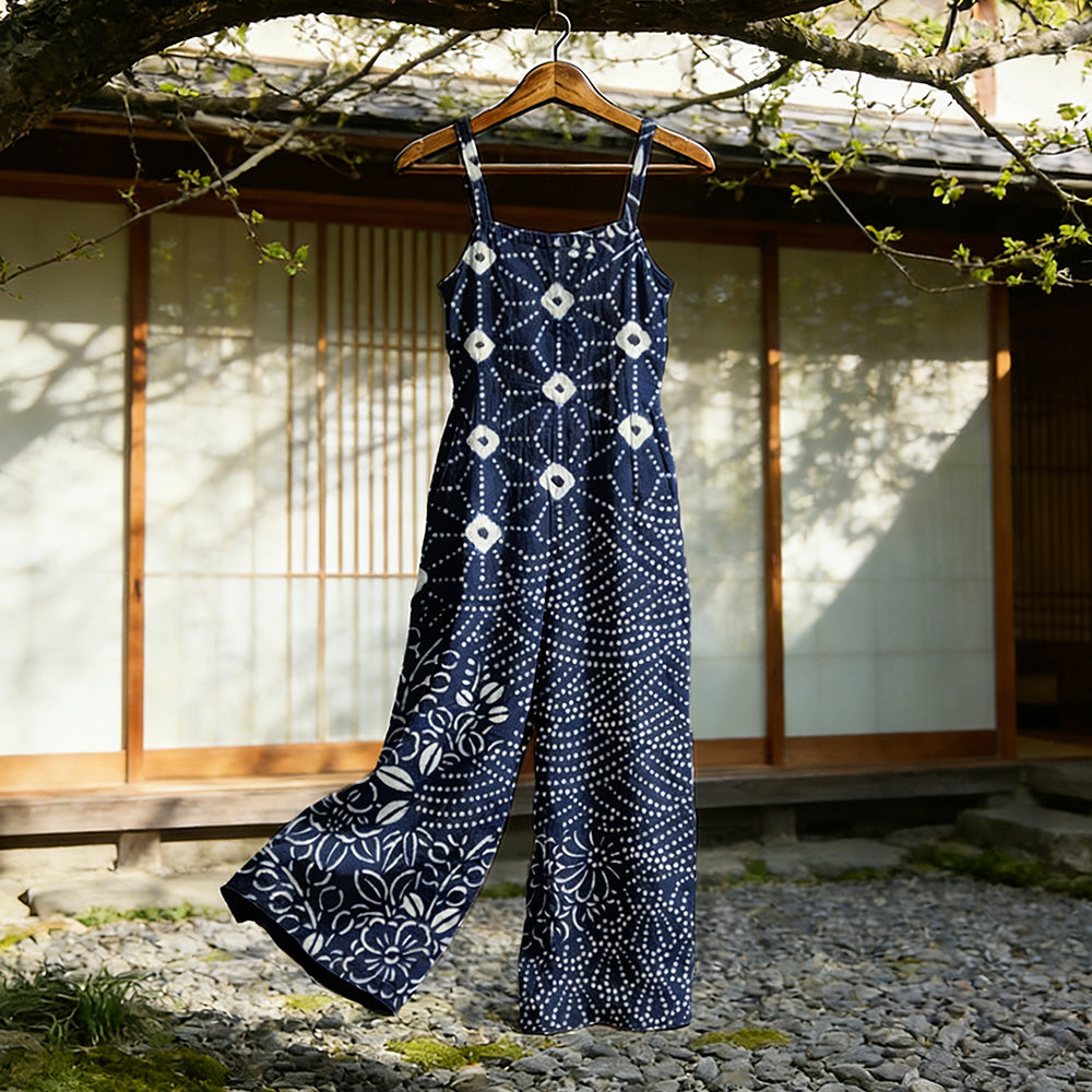 Cardydony Japanese Traditional Sashiko Art Flowy Linen Jumpsuit