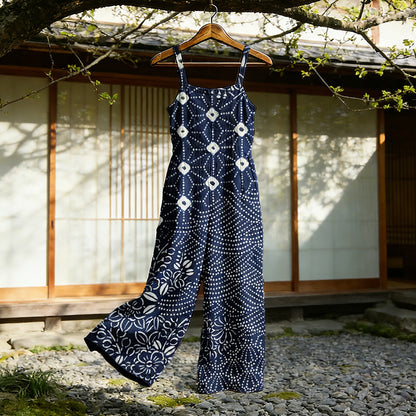 Cardydony Japanese Traditional Sashiko Art Flowy Linen Jumpsuit