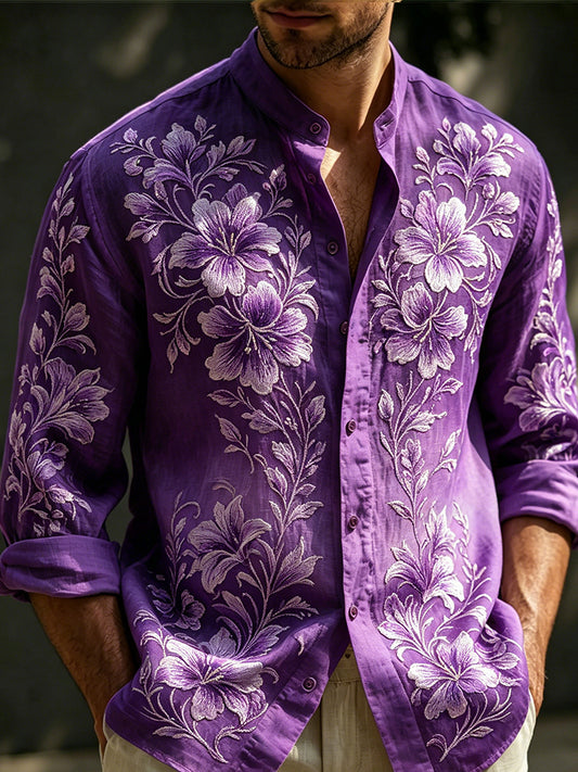 Cardydony Men's Purple Floral Art Embroidered Linen Blend Lightweight Long Sleeve Shirt
