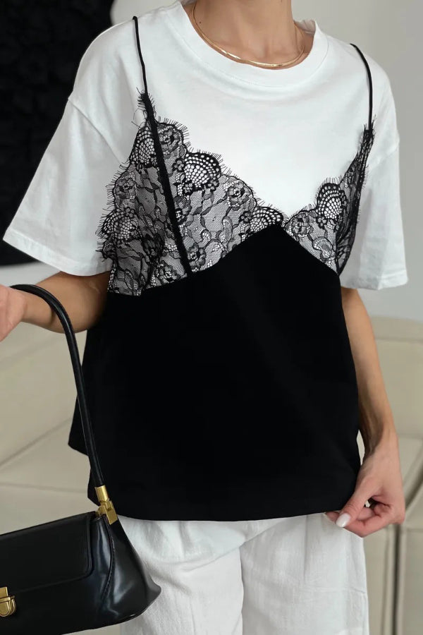 Cardydony Women's Fashionable Lace Patchwork Loose-fitting Round Neck Short-sleeved T-shirt