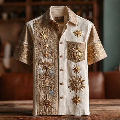 Cardydony Men's Retro Sun And Star Printed Short Sleeve Shirt