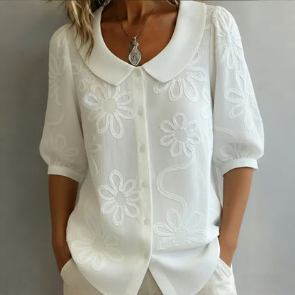 Cardydony Loose Vintage Button Embroidered Floral Mid-sleeve Shirt