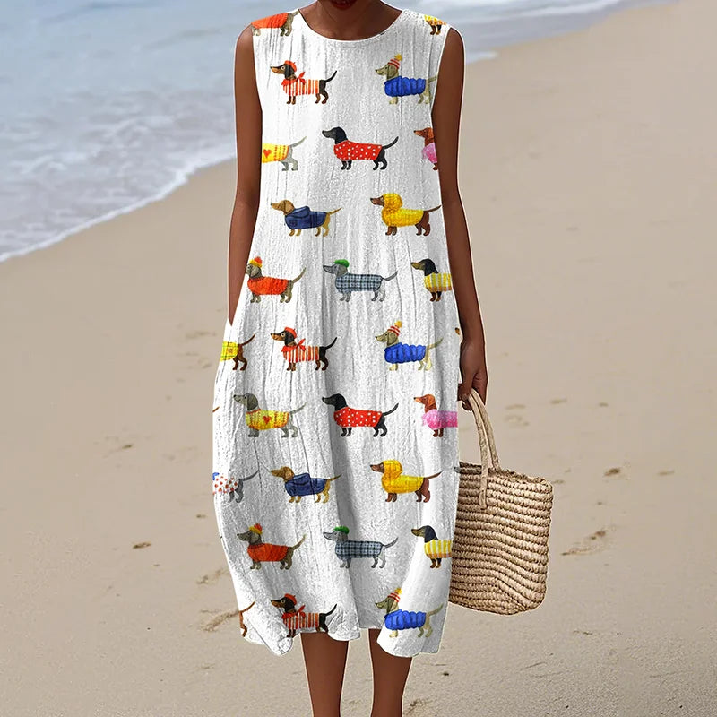 Cardydony Women's Retro Dachshund Dog Art Linen Tank Midi Dress