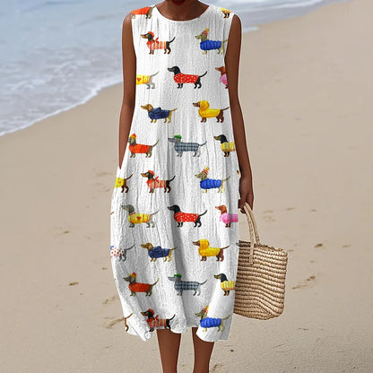 Cardydony Women's Retro Dachshund Dog Art Linen Tank Midi Dress