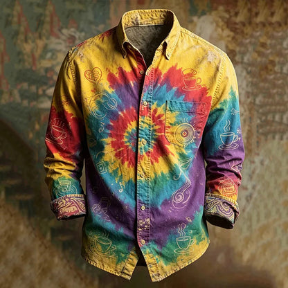 Cardydony Men's Hippie Tie-dye Music Art Print Long Sleeve Shirt