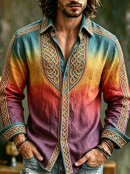 Cardydony Men's Vintage Spring Summer Viking Tribal Jacquard Inspired Art Flowy Linen Blend Shirt