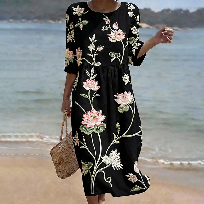 Cardydony Vintage Lotus Art Pattern Linen Blend Loose Three-quarter Sleeve Dress