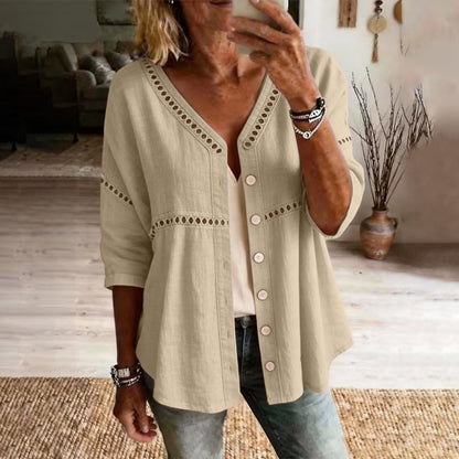 Cardydony Women's Solid Color Openwork Lace Patchwork Comfortable Linen Blend Cardigan