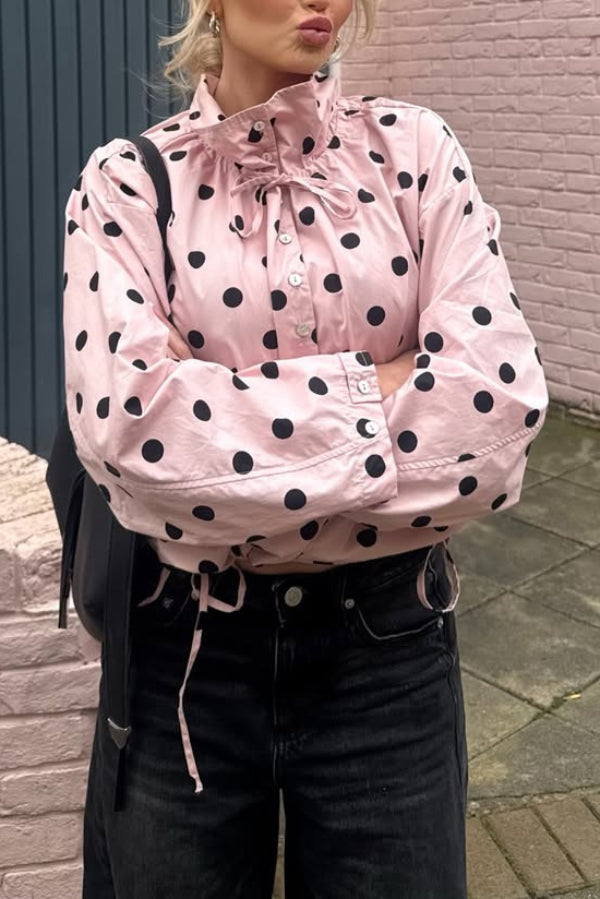 Cardydony Women's  Polka Dot Print Loose Stand Collar Button Bow Tie Casual Long-sleeved Jacket