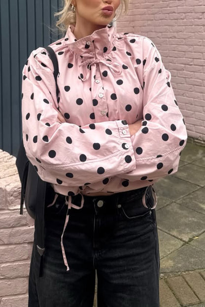 Cardydony Women's  Polka Dot Print Loose Stand Collar Button Bow Tie Casual Long-sleeved Jacket