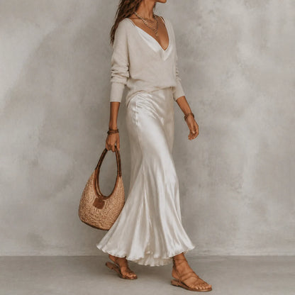Cardydony Elegance Long-sleeved Knit Top + Satin Slip Dress Two-piece Set