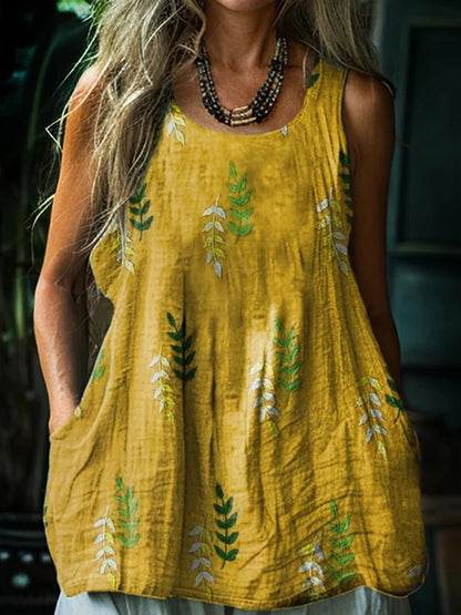Cardydony Women's Retro Loose Bohemia Vintage Leaf Art Style Linen Suspender Sleeveless Top