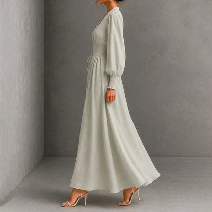 Cardydony Elegance V-neck Belted Waist Long Sleevess Maxi Dress