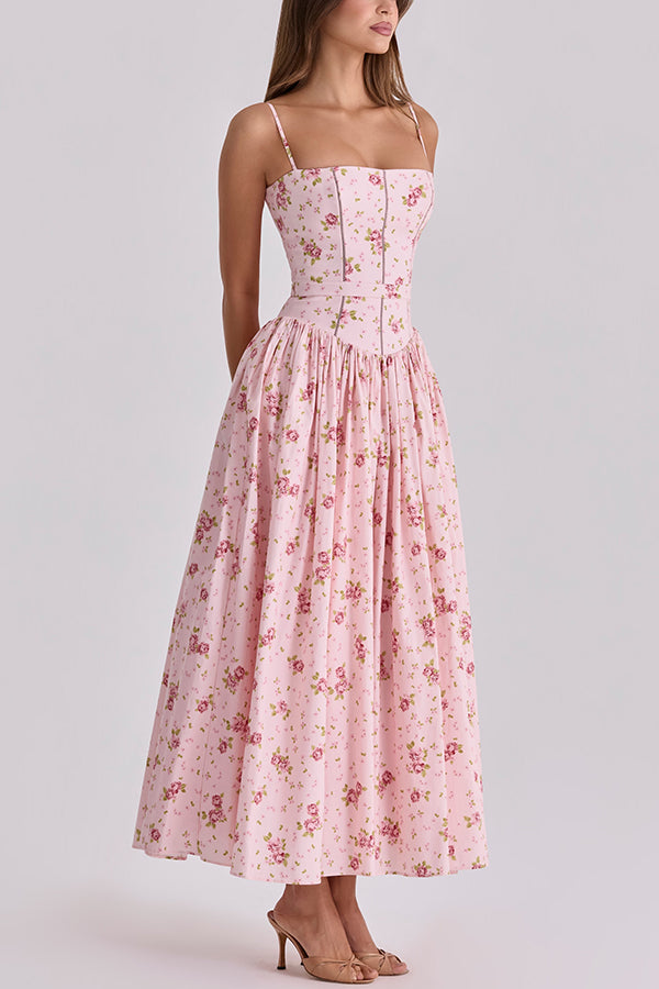 Cardydony Women's Romantic Countryside Stretch Cotton Blend Floral Print Cutout Trim Slip Midi Dress