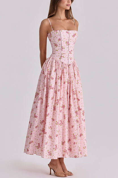 Cardydony Women's Romantic Countryside Stretch Cotton Blend Floral Print Cutout Trim Slip Midi Dress